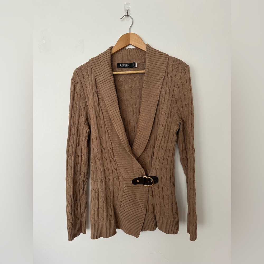Lauren Ralph Lauren Cable Knit Wrap Cardigan Leather Belt Camel L